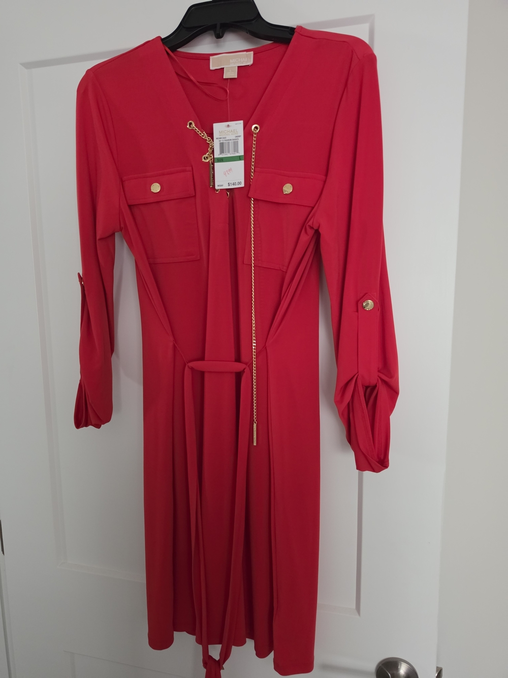 MICHAEL Michael Kors Red Long-Sleeve Belted Shirt Dress with Gold Accents